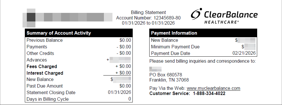 Sample ClearBalance Billing Statement with Account Number circled in orange.